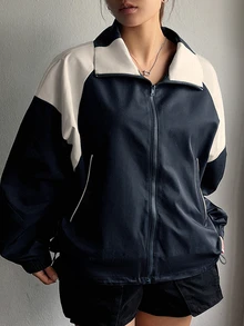 Dazy Plus Colorblock Patchwork Loose Casual Baggy Street Style Fall New Jacket Going Out Office - Navy Blue - View 4