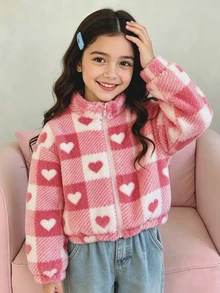 1件青少年女孩立領前拉鍊袖口毛絨外套 全身愛心圖案印花休閒夾克上衣 秋冬款 - 粉色 - 查看 4