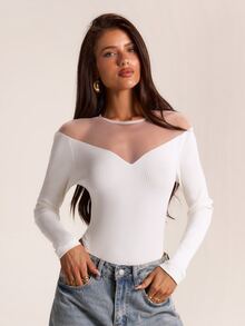 SHEIN BAE Autumn/Winter Solid White Ribbed Knit Long Sleeve Sheer Patchwork Women's Bodysuit - White - View 6