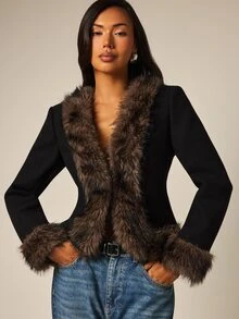 COSMINA Women's Long Sleeve Autumn/Winter Faux Fur Trim Jacket - Multicolor - View 4