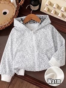 Elladie kids 女童休閒保暖內裡拼接色塊豹紋運動外套，秋冬休閒上衣 - 淺灰色 - 查看 5