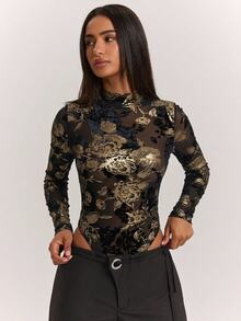 SHEIN BAE Autumn/Winter Solid Color Long Sleeve Gold Thread Rose Flocked Bodysuit Innerwear For Women - Black - View 3