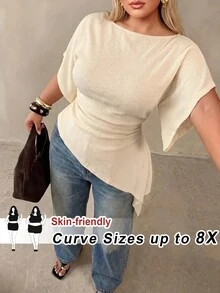SHEIN CURVE+ 大尺碼女款純色不對稱肩休閒日常穿著T恤 - 杏色 - 查看 8