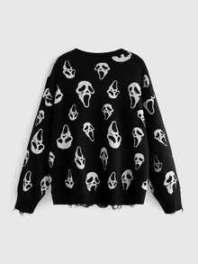 ROMWE Dark Gothic Skull Moth Plant Jacquard Loose Pullover Sweater Plus Size - Black - View 2