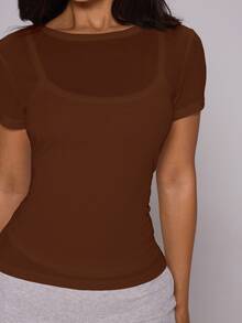 MUSERA ESSENTIALS Double Layered Sheer White Loose Fit Tee With Fitted Scoop Tank Underlayer  Spring Summer Cute Holiday Daily Everyday Back To School Vacation Office - Brown - View 6