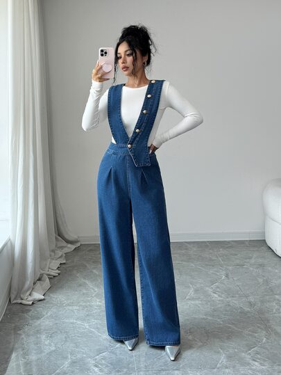 Elenzga Vintage French Style Deep V-Neck Dark Blue Denim Sleeveless Jumpsuit With Diagonal Gold Buckle Decor, High Waist Pleated Wide Leg Drape Design, Hip-Covering Back Waist Slit, Versatile Casual Date Store Visit Photo-Ready Elegant Girl Jumpsuit