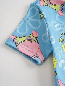 SpongeBob SquarePants | SHEIN 小男孩圓領卡通角色印花T恤與長褲家居服套裝 - 藍色 - 查看 4