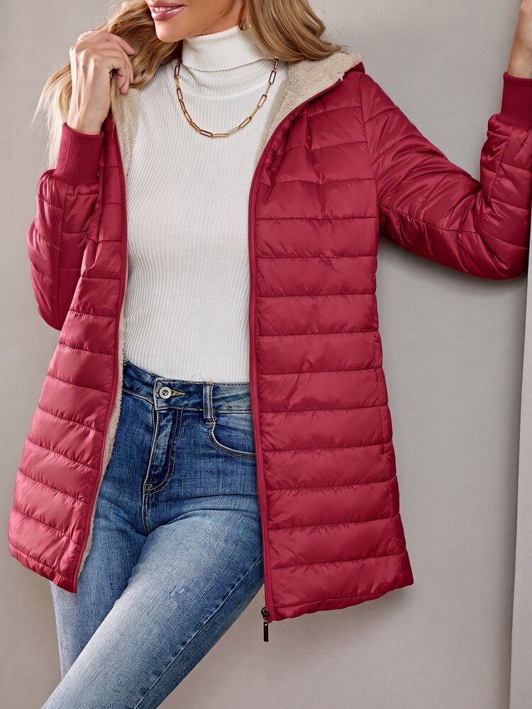 Aveloria Modichic Women's Solid Color Long Sleeve Zipper Hooded Fleece Casual Padded Padded Coat For Winter Clothes  - Red - View 5