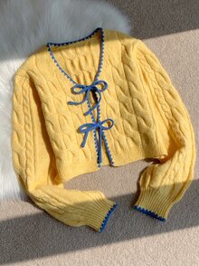Comfortcana Fall Winter Coquette Style Cardigan For Date Night Featuring Blue Bows And Cable Knit In Yellow Cont - Yellow - View 4