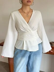 Dazy Plus Fun Commute Tie Asymmetrical Hem V-Neck Spring Autumn New Long Sleeve Shirt - Apricot - View 6