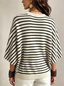 SHEIN Casual Loose Round Neck Three-Quarter Sleeve Knit Contrast Color Striped Batwing Sleeve Design Black & White Women Spring Autumn Sweater - Black and White - View 2
