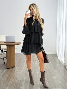 Easowa Round Neck Multi-Layer Ruffle A-Line Chiffon Sheer Flowy Long Sleeve French Elegant French Autumn/Winter Women's Short Dress Brunch Tea Party Black - Black - View 5