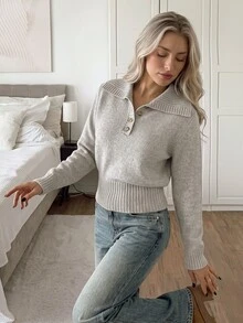 Easowa Sweater Wanita Musim Gugur/Musim Dingin Minimalis Kasual Bergaris Patchwork Kancing Setengah Plaket Sweater untuk Makan Siang/Kantor Abu-abu Muda - Khaki - View 1