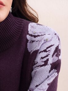 Anewsta Elegant Fashion Commuter Style Floral Rhinestone Women's Sweater - Purple - View 2