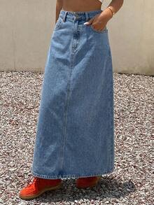 Livesso Autumn High Waist Deep Blue Washed Solid Color A-Line Flared Slim Fit Women's Denim Skirt - Light Wash - View 5