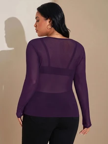 SHEIN Tall CURVE Women's Plus Size Mesh Perspective Long Sleeve Top - Purple - View 2