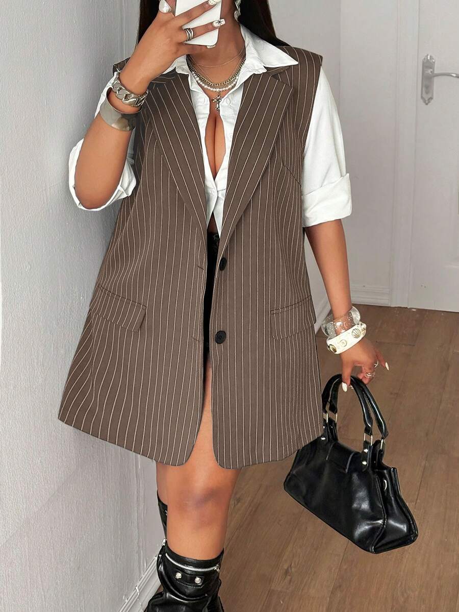Maweii Plus Size Women Striped Sexy Off The Shoulder Blazer - Mocha Brown - View 1