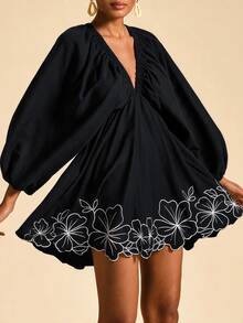 Travachic Women's Pattern Print High Waist Long Sleeve Mini Dress - Black - View 5
