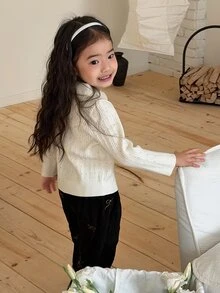 DAZY 女嬰刺繡蝴蝶結裝飾 Polo 領鏤空針織毛衣 - 白色 - 查看 2