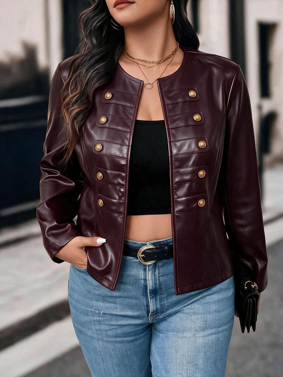 EMERY ROSE Plus Size Women's Best Selling Elegant Round Neck Solid Color Military Style Leather Jacket, Slimming Minimalist Design, Suitable For Daily Versatile Commute, Date Party Slimming Outfit Jacket - Burgundy - View 1