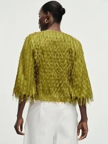 Aveloria Modichic Women's Blouse Slim Fit Flare Sleeve Fringe Textured Button Front Round Neck Modern Green Blouses For Women Green Top Fringe Top Fall Tops - Green - View 2