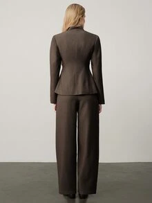 Aveloria Modichic Elegant Autumn/Winter Fashion Solid Color Diagonal Stripe Button Decor V-Neck Blazer With Pants Women Suit Set Office Dinner Dark Brown - Coffee Brown - View 3