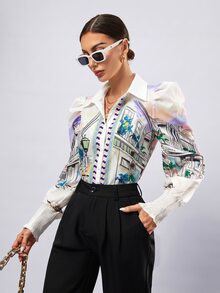 Aveloria Modichic 女款繪畫印花鈕扣開襟長袖襯衫 - 紫色 - 查看 4