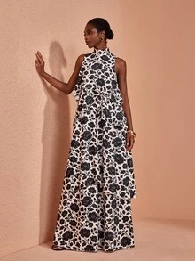 JIAN LASALA Knit Floral Print Halter Neckline Sleeveless Multi Uneven Ruffle Hemline Long Dress Elegant - Black and White - View 6