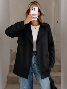 Easowa 女款雙排扣翻領風衣，抗皺面料，休閒寬鬆優雅通勤老錢風，秋冬辦公黑色 - 黑色 - 查看 8
