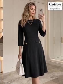 Medorina Women's Solid Color Round Neck 3/4 Sleeve Elegant Mid-Length Dress - Black - View 4