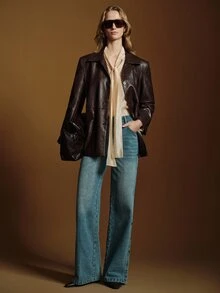 Anewsta Essential Blazer Wanita Kasual Modern Fashion Musim Gugur/Dingin, Warna Cokelat Kopi Maillard dengan Panel Struktur PU untuk Perjalanan Sehari-hari - Coffee Brown - View 4