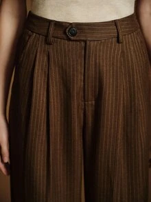 Anewsta Essential Women's Modern Retro Striped Loose Wide Leg Pants, Relaxed Drape Old Money Style Straight Leg Slimming Commute Versatile Casual Long Trousers - Coffee Brown - View 3