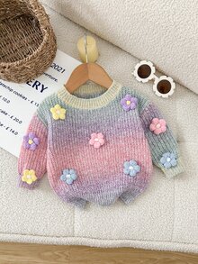 SHEIN 女嬰可愛3D花朵漸層彩色套頭毛衣，適合秋冬穿著 - 彩色 - 查看 1