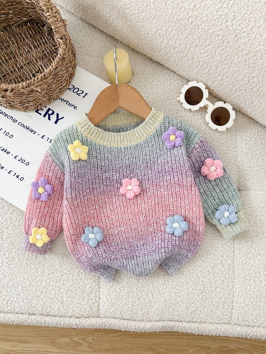 SHEIN 女嬰可愛3D花朵漸層彩色套頭毛衣，適合秋冬穿著 - 彩色 - 查看 1
