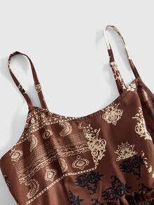 ROMWE Autumn/Winter Hippie Brown Paisley A-Line Spaghetti Strap Women's Short Dress - Brown - View 3