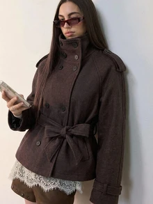 DAZY Women's Small Stand Collar Wool Blend Casual Short Trench Coat Jacket Winter - Grey - View 5