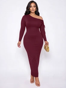 Poshavie Poshavie Plus Size Women's Minimalist Elegant Long Dress, Fashionable Asymmetrical Shoulder Ruched Design Elastic Fitted Dress, Slimming Versatile, Suitable For Daily Wear And Parties - Burgundy - View 5