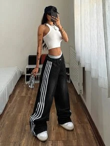 SHEIN PETITE 女款側邊條紋圖案口袋時尚百搭寬腿牛仔褲 - 灰色 - 查看 4
