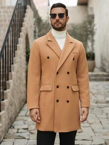 Manfinity Mode Men's Solid Color, Button-Down, Long-Sleeved Black Overcoat, Autumn/Winter Style. - Khaki - View 6