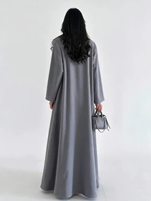 Yasveil Women Medium Grey Notched Lapel Double Breasted Fitted Waist Long Abaya Modest Muslim Dress Middle East Dubai Fall Office Elegant Robe - Grey - View 2