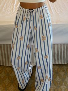 DAZY Women's Striped & Cartoon Print Elastic Waist Drawstring Loose Pajama Pants - Blue and White - View 3