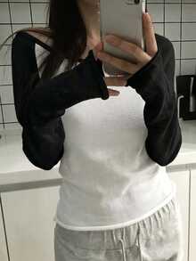 DAZY 女款不對稱肩拼接配色長袖韓系清新女孩毛衣 - 寶藍色 - 查看 3