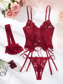 SHEIN 浪漫蕾絲女士性感內衣三件套 - 酒紅色 - 查看 2