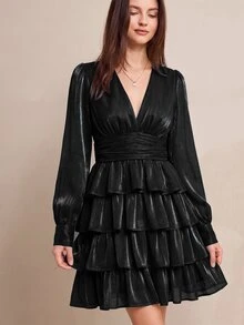 BELROSIE 法式風格V領甜美碎花度假短款層次雪紡長袖蛋糕裙女款迷你洋裝 - 黑色 - 查看 6