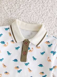 SHEIN 新生兒可愛卡通圖案印花 Polo 衫與鬆緊腰長褲套裝 - 軍綠色 - 查看 4