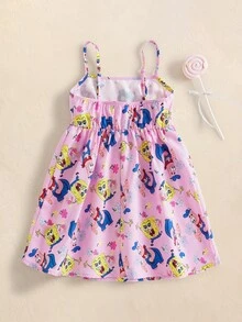 SpongeBob SquarePants | SHEIN Young Girl Vacation Cartoon Print Spaghetti Strap Dress - Pink - View 2