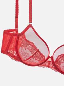 LUVLETTE Soft Woman Lingerie Sheer Full Coverage Underwire Sexy Unlined Minimizer Sequined Glam Floral  Lace Elegance & Mesh  Intimates Christmas Red Bra - Red - View 7