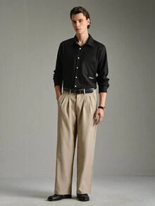 Calmiston 男士素色休閒百搭日常長袖襯衫 - 黑色 - 查看 3