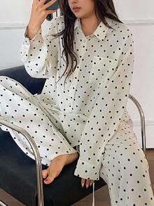 Dazy Plus Setelan Piyama Rumahan 2 Potong Celana Panjang Putih Longgar Motif Polkadot Gaya Korea - Putih - View 5