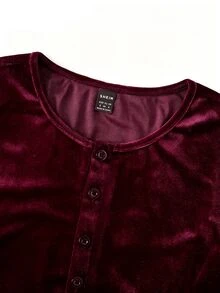 LUMIGAL Vintage Elegant Commuter Sheer Sleeve Lace Trim Velvet Flared Long Sleeve Blouse - Burgundy - View 3
